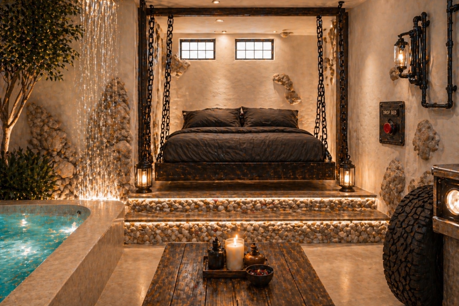 StudioMax, Nice: the bed suspended on chains, with lanterns illuminated for the evening