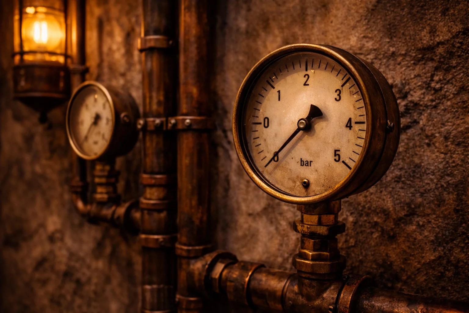 StudioMax, Nice: a concept detail — brass pressure gauges and copper pipework on raw stone.