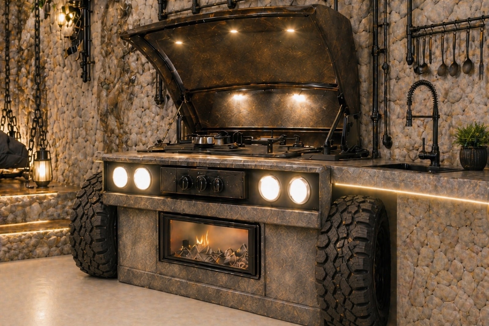 StudioMax, Nice: kitchen block integrated into a car engine bay with illuminated headlights